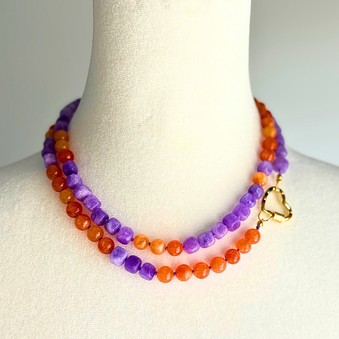 GAME DAY Orange and Purple Double Loop Necklace with Heart Carabiner