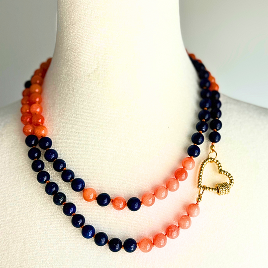 GAME DAY Navy and Orange Double Loop Necklace with Heart Carabiner