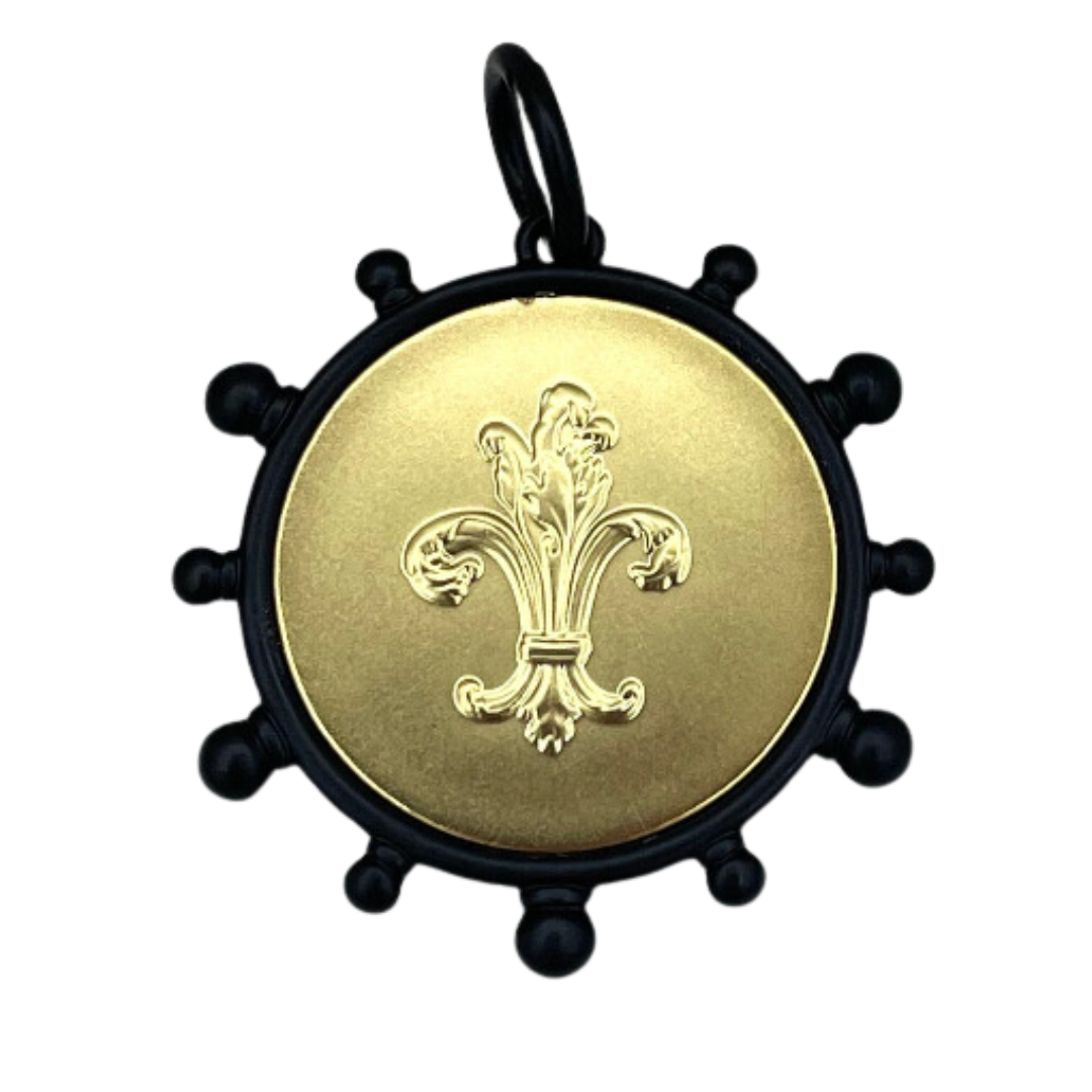 Fleur De Lis Coin Pendant in Gold with Black Bezel