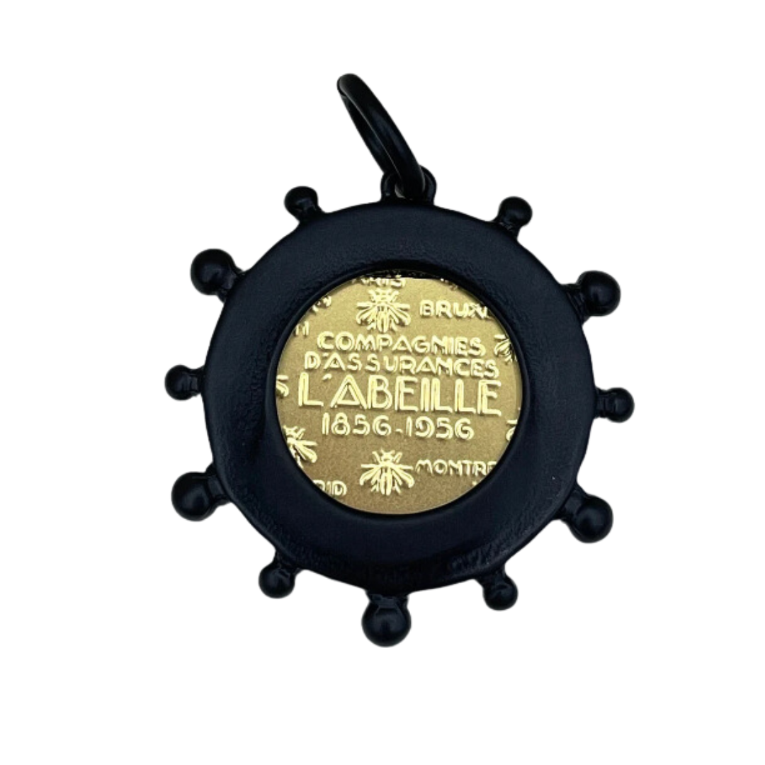 Fleur De Lis Coin Pendant in Gold with Black Bezel