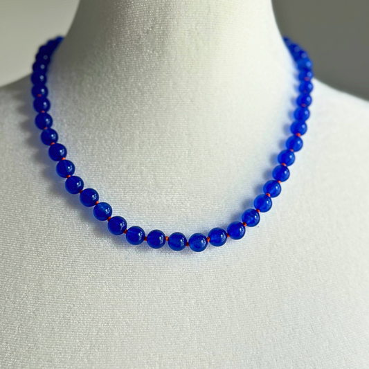 GAME DAY Blue Jade Round bead with Orange thread Necklace