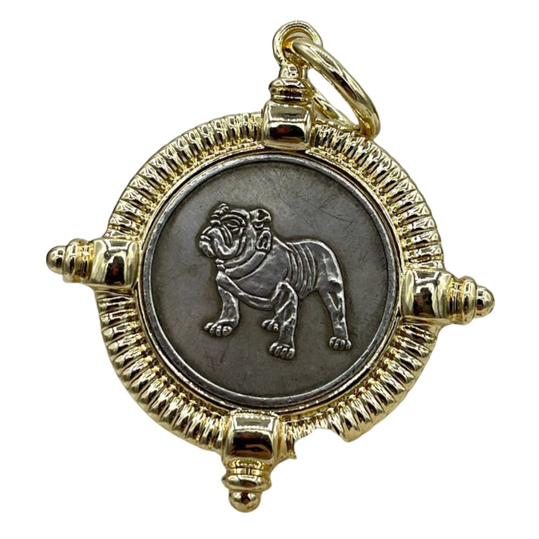 Bulldog Coin Pendant in Burnished Silver with Gold Bezel