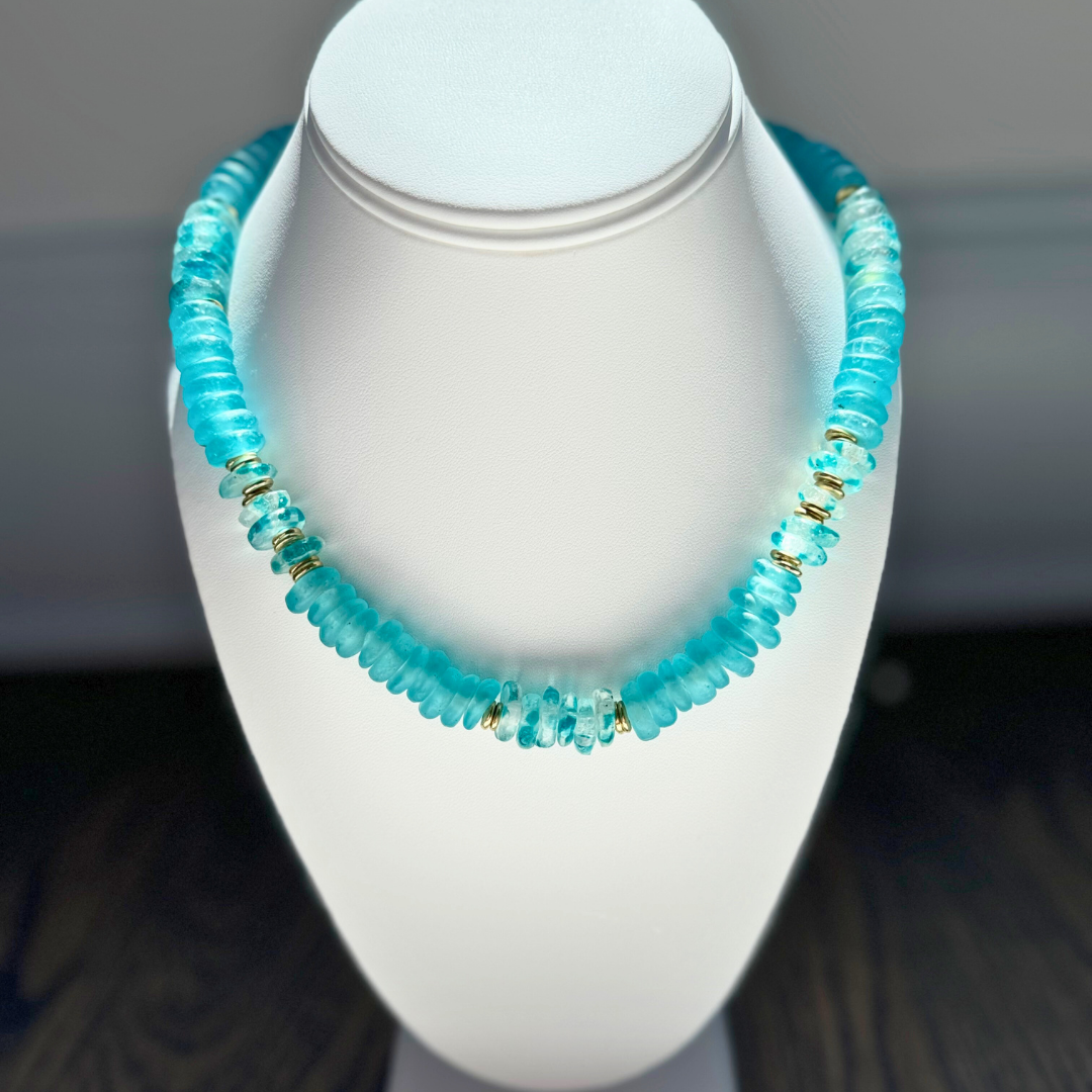 Bright Aqua Large Glass beads with Gold Spacer Neckalce