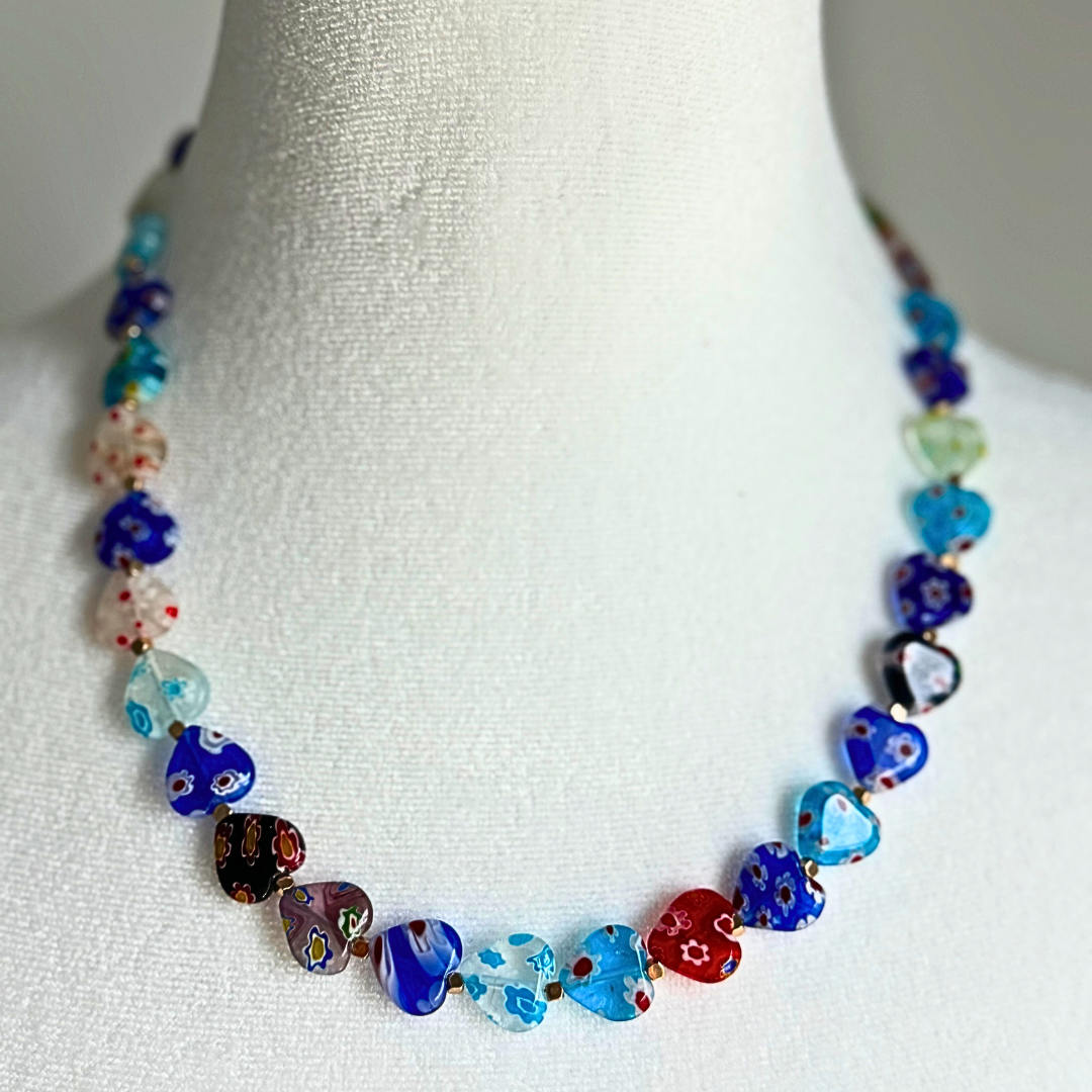 Millefiori Heart-Shaped Glass Bead Necklace