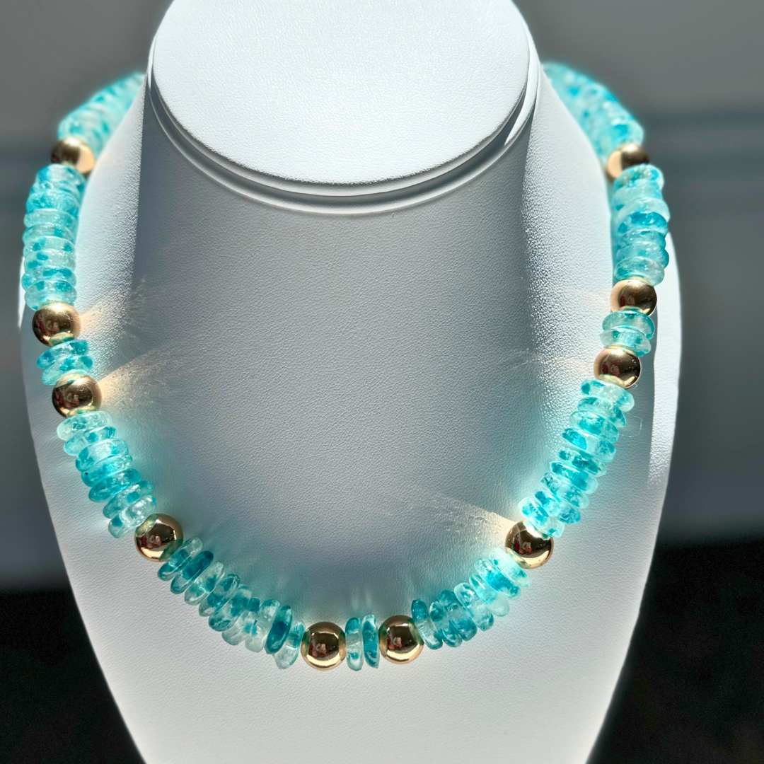 Bright Aqua Spotted Glass and Round Gold Hematite Necklace