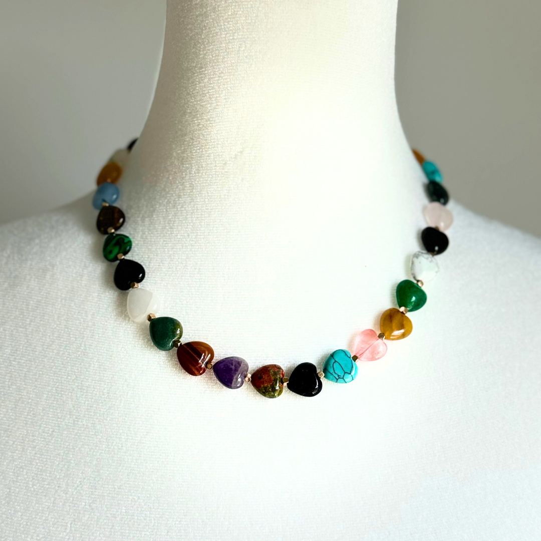 Multi-Color Semi-Precious Heart Stone Necklace