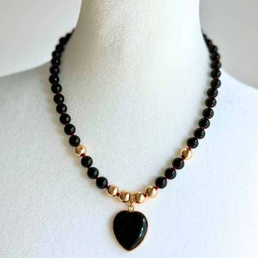 Black Onyx and Gold Hematite beads with Large Onyx Heart Charm