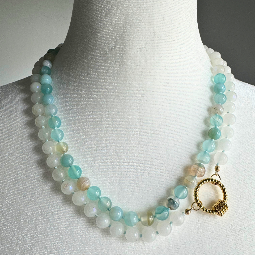 Double Loop Iridescent Round Moonstone Beads with Light Blue Agate Round Beads Hand-tied with Light blue thread