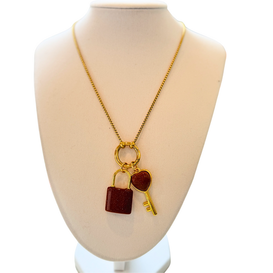 Goldstone Lock and Key Charm Ring Necklace