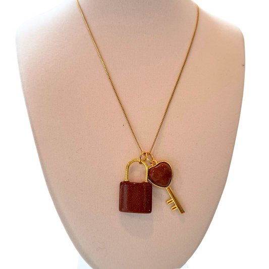 Goldstone Heart Key and Lock on Box Chain