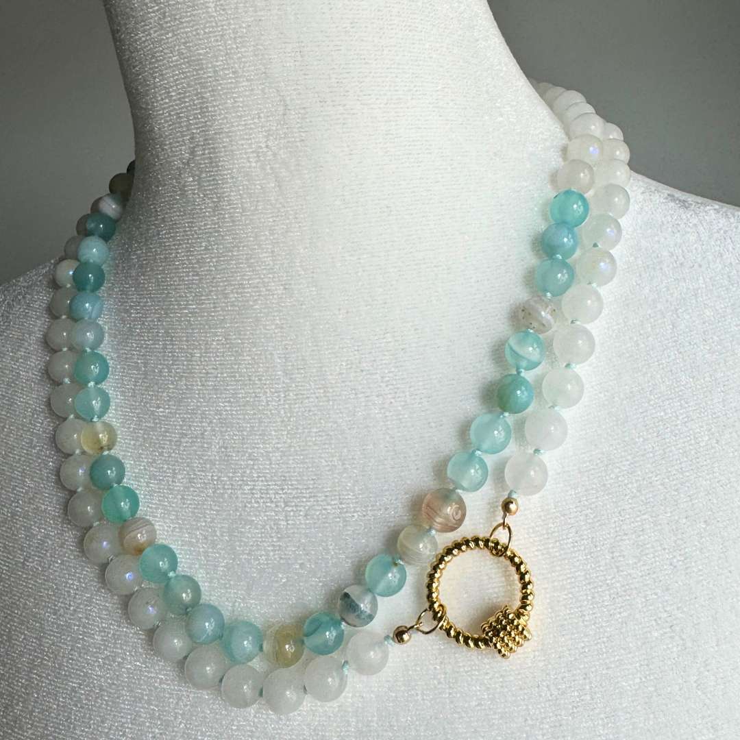 Double Loop Iridescent Round Moonstone Beads with Light Blue Agate Round Beads Hand-tied with Light blue thread