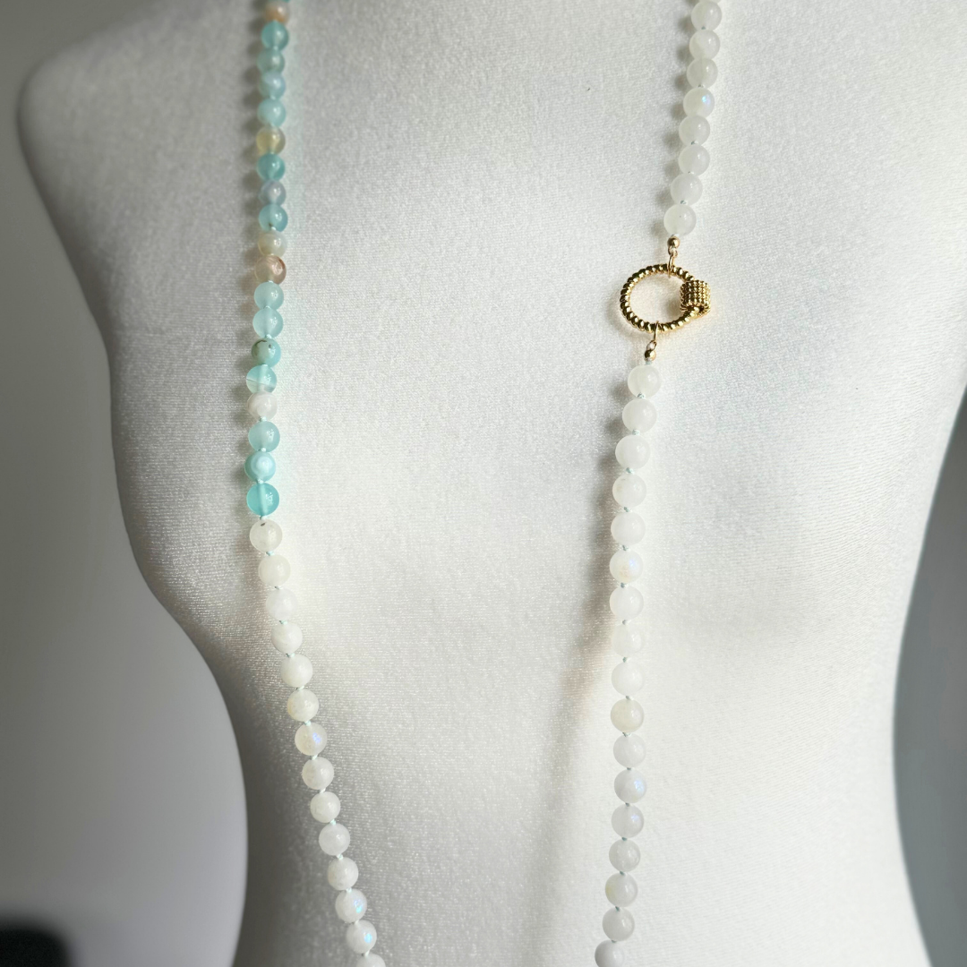 Double Loop Iridescent Round Moonstone Beads with Light Blue Agate Round Beads Hand-tied with Light blue thread