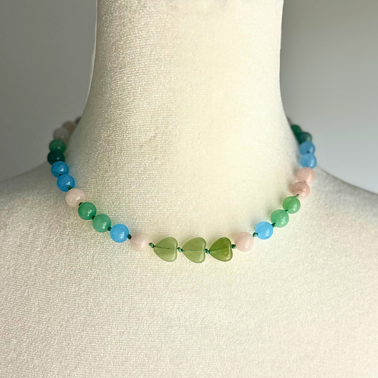 Light Green Jade, Blue Chalcedony, Rose Quartz and Green Heart Necklace